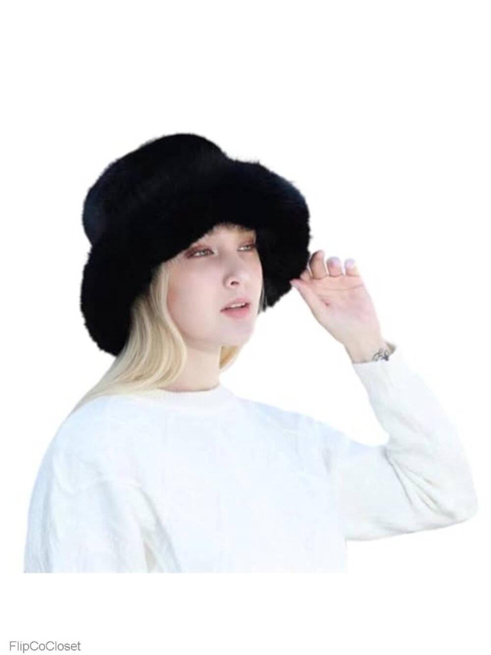Faux Fur Bucket Hat Oversized Wide Brim Fuzzy Warm Winter Fisherman Cap